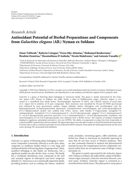 Research Article Antioxidant Potential of Herbal Preparations and Components from Galactites Elegans (All.) Nyman Ex Soldano