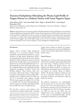 Transient Dyslipidemia Mimicking the Plasma Lipid Profile of Tangier Disease in a Diabetic Patient with Gram Negative Sepsis