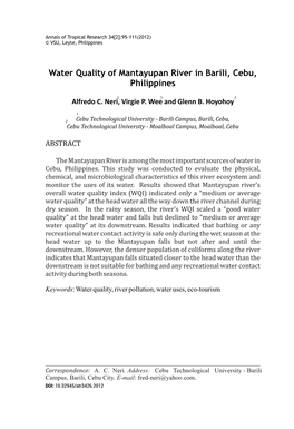 Water Quality of Mantayupan River in Barili, Cebu, Philippines