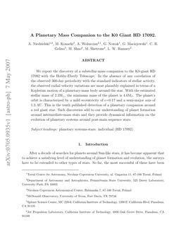 A Planetary Mass Companion to the K0 Giant HD 17092