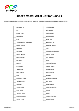 Host's Master Artist List for Game 1