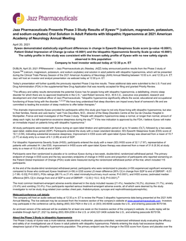 Calcium, Magnesium, Potassium, and Sodium Oxybates) Oral Solution in Adult Patients with Idiopathic Hypersomnia at 2021 American Academy of Neurology Annual Meeting