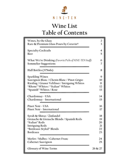 Wine List Table of Contents