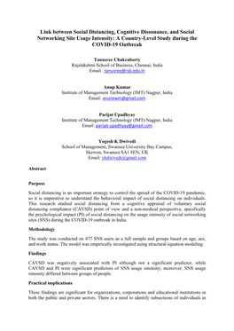 Link Between Social Distancing, Cognitive Dissonance, and Social Networking Site Usage Intensity: a Country-Level Study During the COVID-19 Outbreak