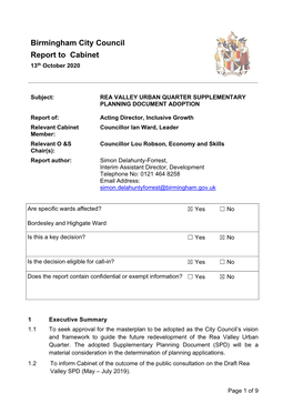 Birmingham City Council Report to Cabinet 13Th October 2020