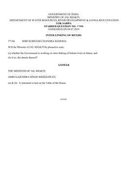 Government of India Ministry of Jal Shakti, Department of Water Resources, River Development & Ganga Rejuvenation Lok Sabha Starred Question No