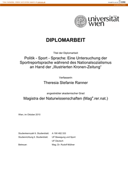 Sport - Sprache: Eine Untersuchung Der Sportreportsprache Während Des Nationalsozialismus an Hand Der „Illustrierten Kronen-Zeitung“