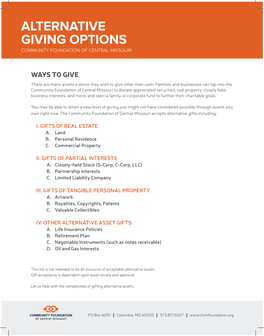 Alternative Giving Options Community Foundation of Central Missouri