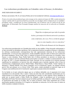 Las Reelecciones Presidenciales En Colombia Entre El Fracaso Y La Dictadura