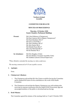 Committee for Health Meeting Minutes of Proceedings 22 October 2020