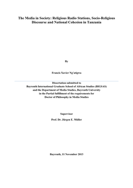 The Media in Society: Religious Radio Stations, Socio-Religious Discourse and National Cohesion in Tanzania