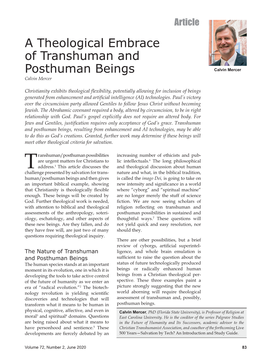 A Theological Embrace of Transhuman and Posthuman Beings Calvin Mercer Calvin Mercer