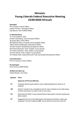 Minutes: Young Liberals Federal Executive Meeting 23/05/2020 (Virtual)