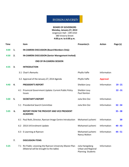 BOARD of GOVERNORS Monday, January 27, 2014 Jorgenson Hall – JOR 1410 380 Victoria Street 4:00 P.M