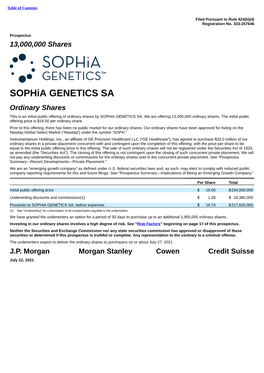 Sophia GENETICS SA Ordinary Shares This Is an Initial Public Offering of Ordinary Shares by Sophia GENETICS SA