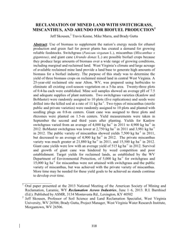 RECLAMATION of MINED LAND with SWITCHGRASS, MISCANTHUS, and ARUNDO for BIOFUEL PRODUCTION1 Jeff Skousen,2 Travis Keene, Mike Marra, and Brady Gutta