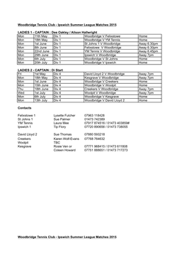 Ipswich Summer League Matches 2015 LADIES 1