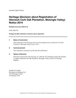 Heritage (Decision About Registration of Glenloch Cork Oak Plantation, Molonglo Valley) Notice 2014