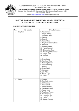 Daftar Lokasi Kuliah Kerja Nyata (Kukerta) Reguler Gelombang Ii Tahun 2016