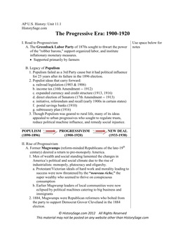 The Progressive Era: 1900-1920