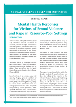Mental Health Responses for Victims of Sexual Violence and Rape in Resource-Poor Settings INTRODUCTION