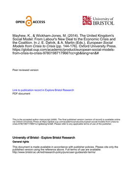 The United Kingdom's Social Model: from Labour's New Deal to the Economic Crisis and the Coalition