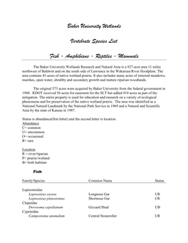 Baker University Wetlands Vertebrate Species List Fish