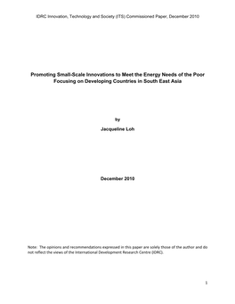 Promoting Small-Scale Innovations to Meet the Energy Needs of the Poor Focusing on Developing Countries in South East Asia