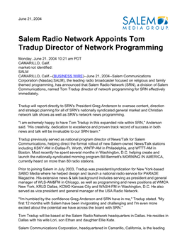 Salem Radio Network Appoints Tom Tradup Director of Network Programming