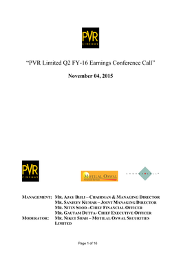 “PVR Limited Q2 FY-16 Earnings Conference Call”