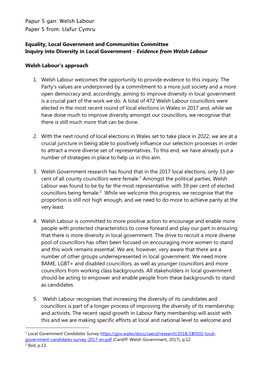 Papur 5 Gan: Welsh Labour Paper 5 From: Llafur Cymru Equality, Local