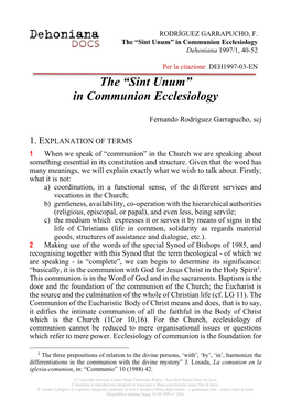 The “Sint Unum” in Communion Ecclesiology Dehoniana 1997/1, 40-52