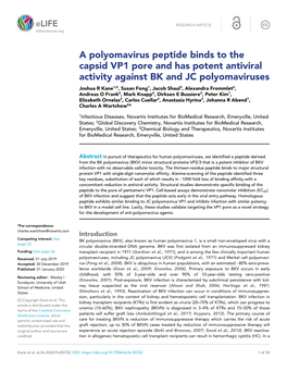 A Polyomavirus Peptide Binds to the Capsid VP1 Pore and Has Potent