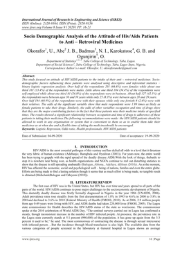 Socio Demographic Analysis of the Attitude of Hiv/Aids Patients to Anti – Retroviral Medicines