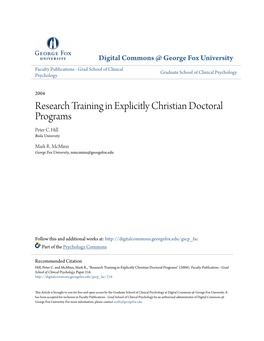 Research Training in Explicitly Christian Doctoral Programs Peter C