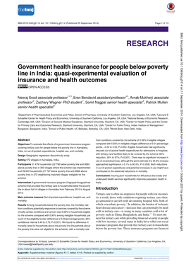 Government Health Insurance for People Below Poverty Line in India: Quasi-Experimental Evaluation of Insurance and Health Outcomes OPEN ACCESS