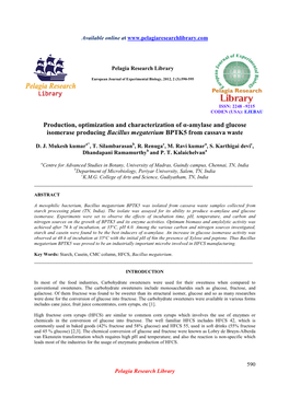 Production, Optimization and Characterization of Α-Amylase and Glucose Isomerase Producing Bacillus Megaterium BPTK5 from Cassava Waste