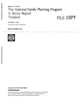 The National Family Planning Program a Sector Report Thailand HLE Cotpy Public Disclosure Authorized