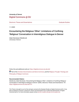 Encountering the Religious 'Other': Limitations of Confining 'Religious' Conversation in Interreligious Dialogue in Denver