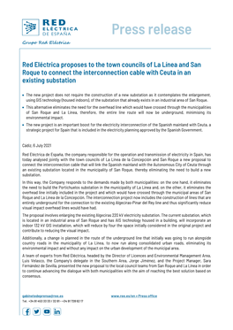 Red Eléctrica Proposes to the Town Councils of La Línea and San Roque to Connect the Interconnection Cable with Ceuta in an Existing Substation