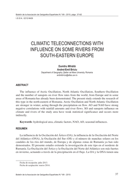 Climatic Teleconnections with Influence on Some Rivers from South-Eastern Europe