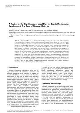 Review on the Significance of Local Plan for Coastal Reclamation Development: the Case of Malacca, Malaysia