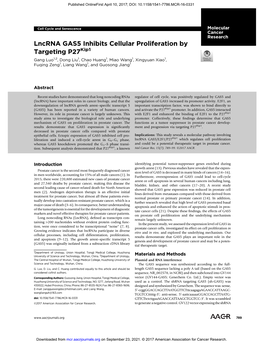 Lncrna GAS5 Inhibits Cellular Proliferation by Targeting P27kip1