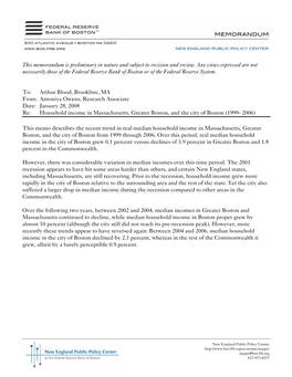 Median Household Income in Massachusetts, Greater Boston, and the City of Boston (1999- 2006)