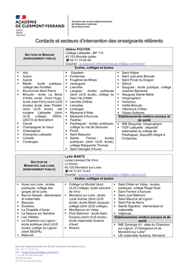 Contacts Et Secteurs D'intervention Des Enseignants Référents