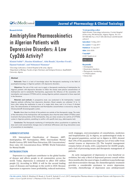 Amitriptyline Pharmacokinetics in Algerian Patients with Depressive Dis- Orders: a Low Cyp2d6 Activity? J Pharmacol Clin Toxicol 5(5):1086