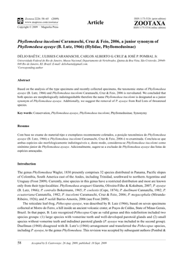 Zootaxa, Phyllomedusa Itacolomi Caramaschi, Cruz & Feio, 2006, A