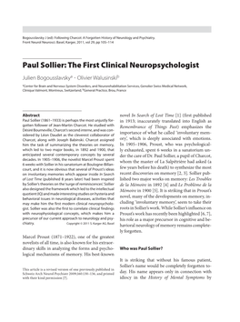 Paul Sollier: the First Clinical Neuropsychologist