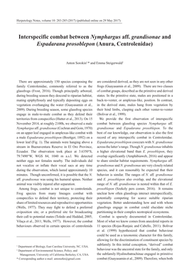 Interspecific Combat Between Nymphargus Aff. Grandisonae and Espadarana Prosoblepon (Anura, Centrolenidae)