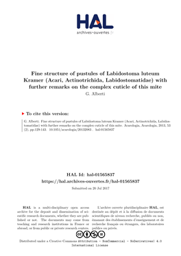 Acari, Actinotrichida, Labidostomatidae) with Further Remarks on the Complex Cuticle of This Mite G